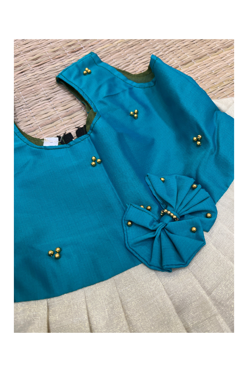 Southloom Kerala Tissue Frock with Green Bead Work Designs for Kids (2 Years)