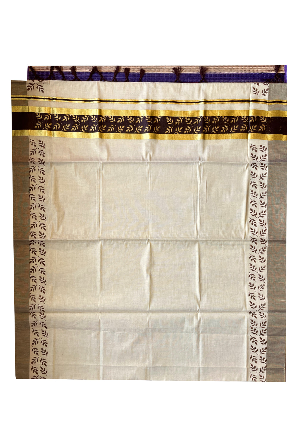 Kerala Tissue Kasavu Saree with Golden and Brown Block Prints on Border and Tassels Works