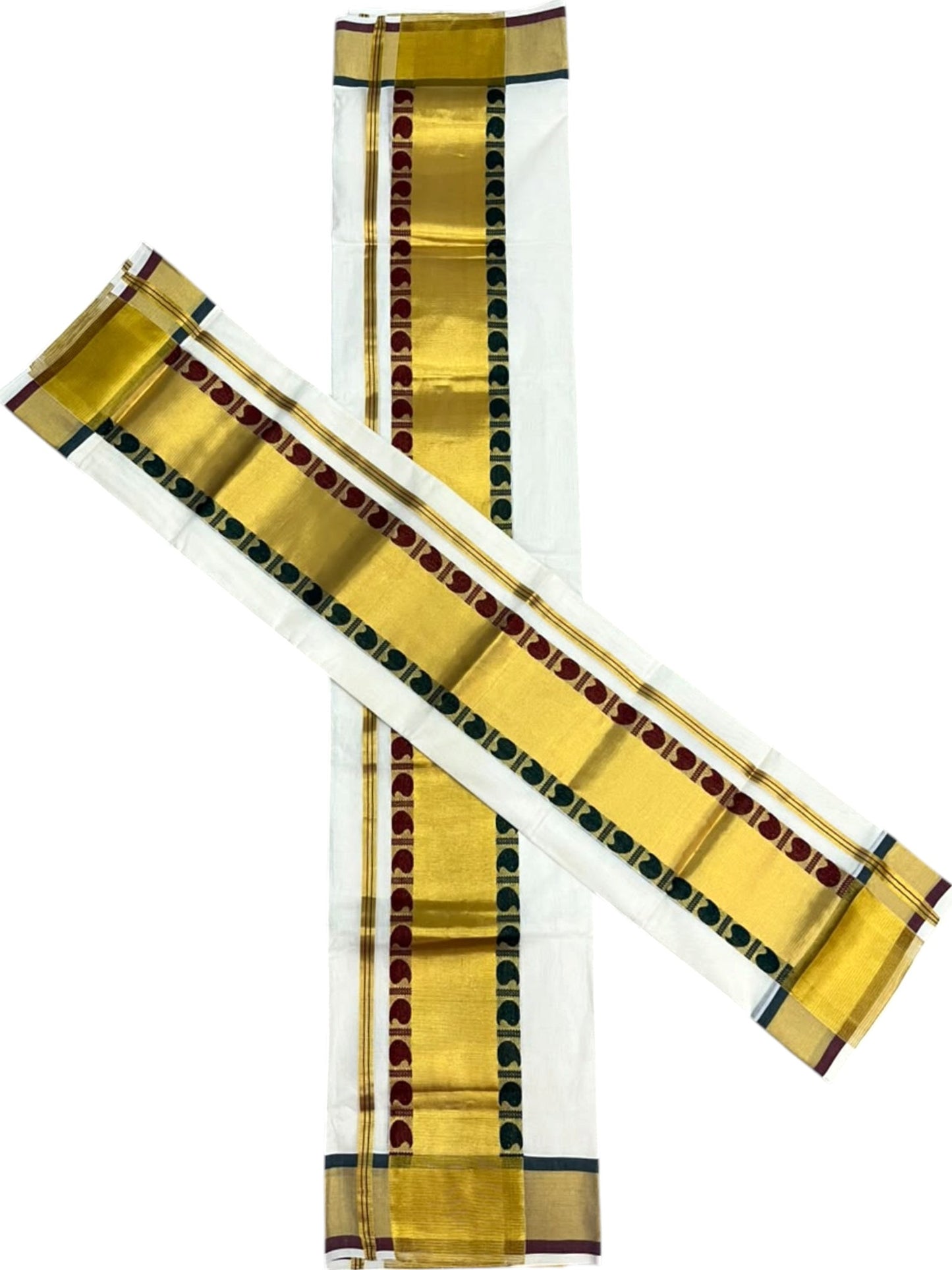 Southloom Premium Handloom Set Mundu with Maroon & Green Border and Kasavu Lines Across Body 2.80 Mtrs