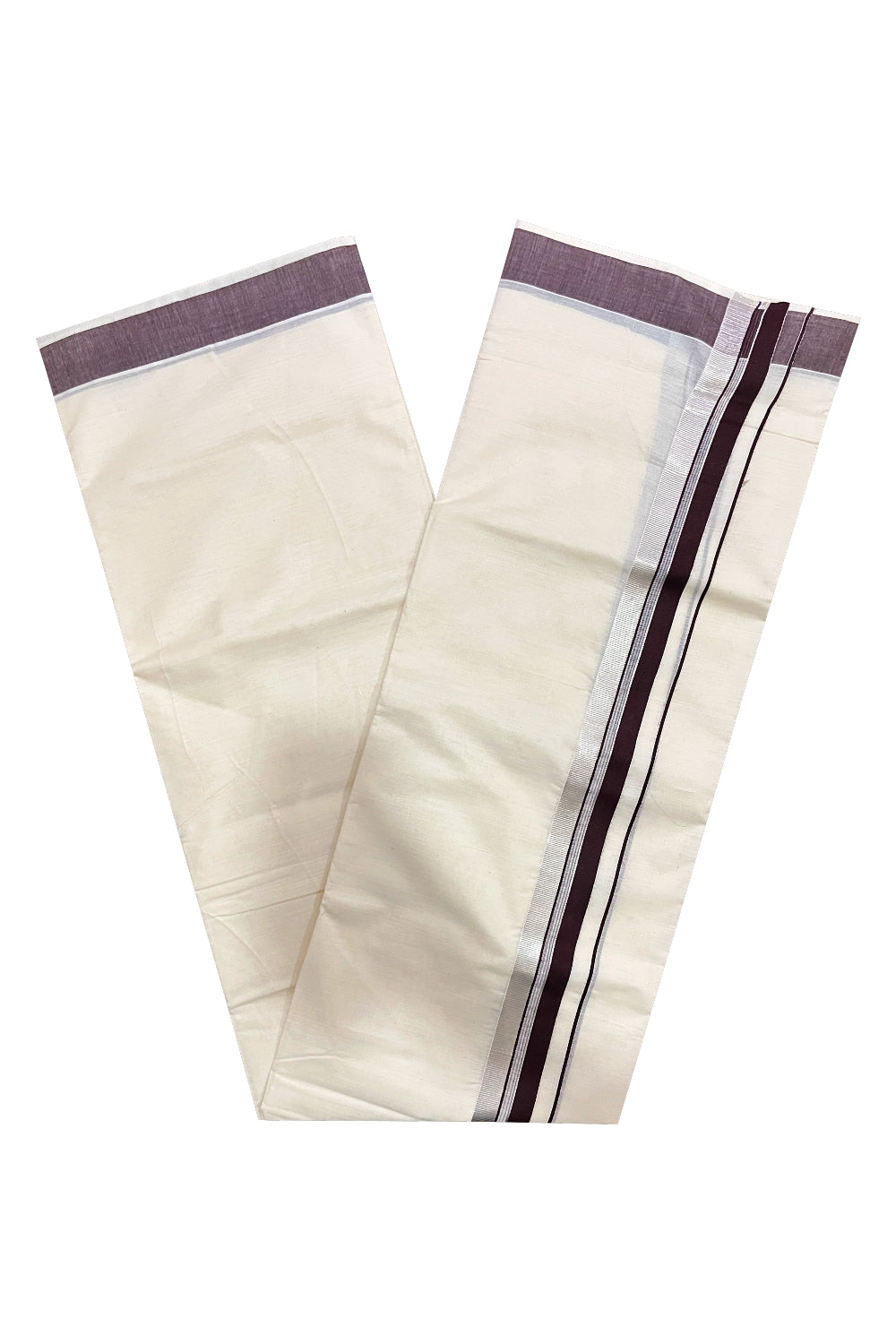 Pure Cotton Kerala Double Mundu with Brown and Silver Kasavu Kara (South Indian Kerala Dhoti)