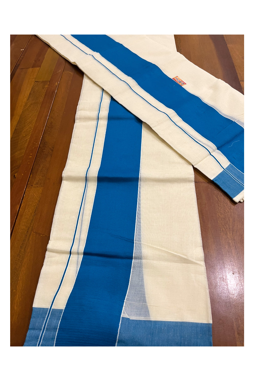 Kerala Cotton Mundum Neriyathum Single (Set Mundu) with Blue Border 2.80 Mtrs