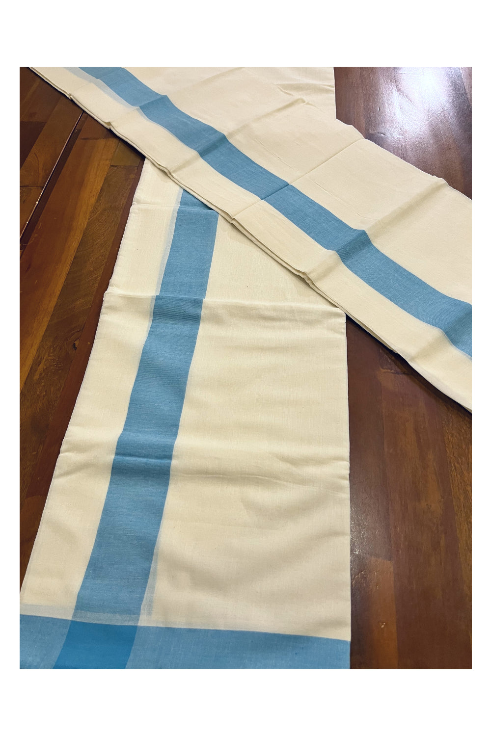 Kerala Mulloth Cotton Single Mundum Neriyathum with Light Blue Border (Extra Soft Cotton)