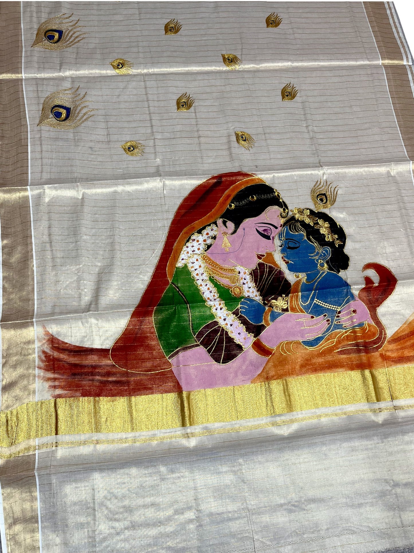 Southloom Tissue Kerala Kasavu Lines Saree with Hand Painted Embroidery Krishna & Yashodha Design SL283