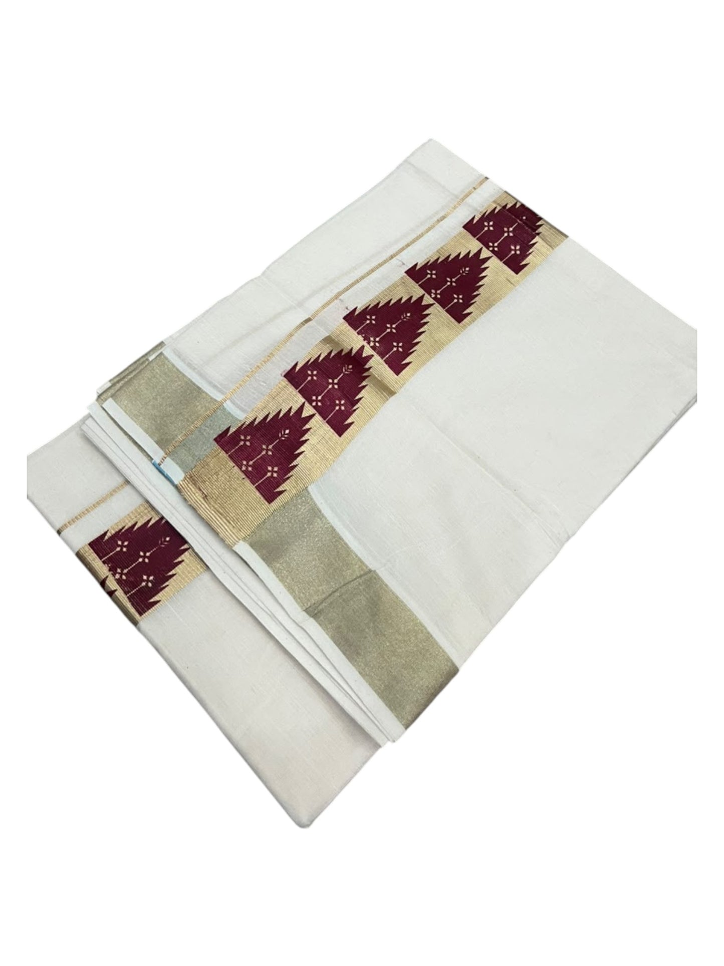 southloom Pure Cotton Double Mundu with Block Prints on Maroon Border (South Indian Dhoti)SL613