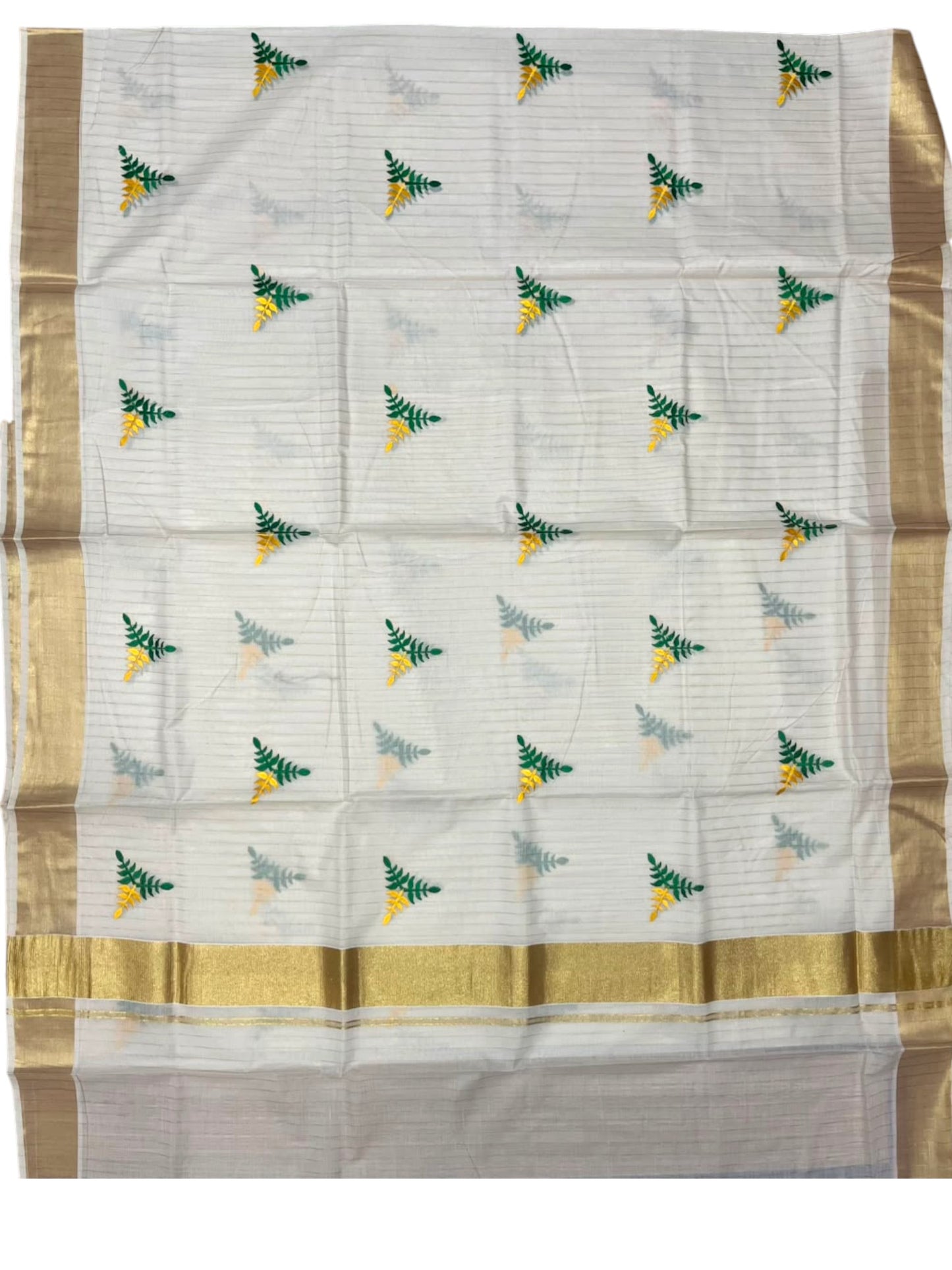 Southloom Kerala Cotton Kasavu Line Saree with Green & Yellow Floral Embroidery Works