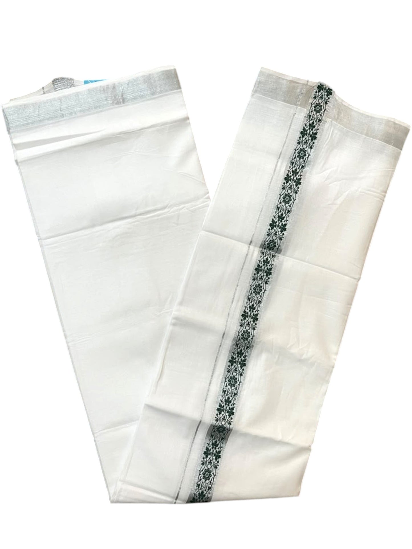 Southloom Pure White Cotton Mundu with Green and Silver Kasavu Border (South Indian Kerala Dhoti)