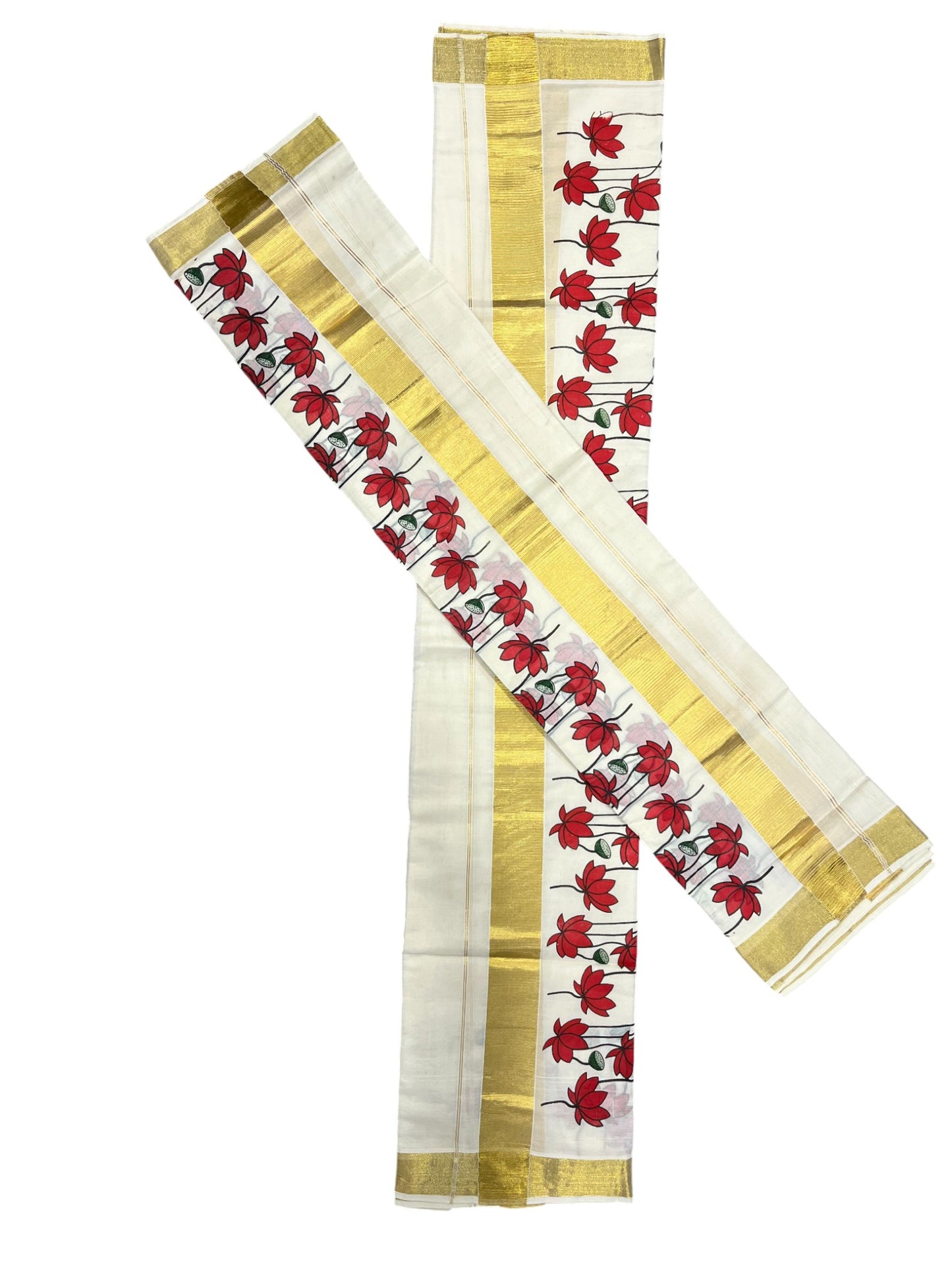 Southloom Kerala Cotton Single Set Mundu (Mundum Neriyathum) with Red Floral Block Printed Design 2.80Mtrs