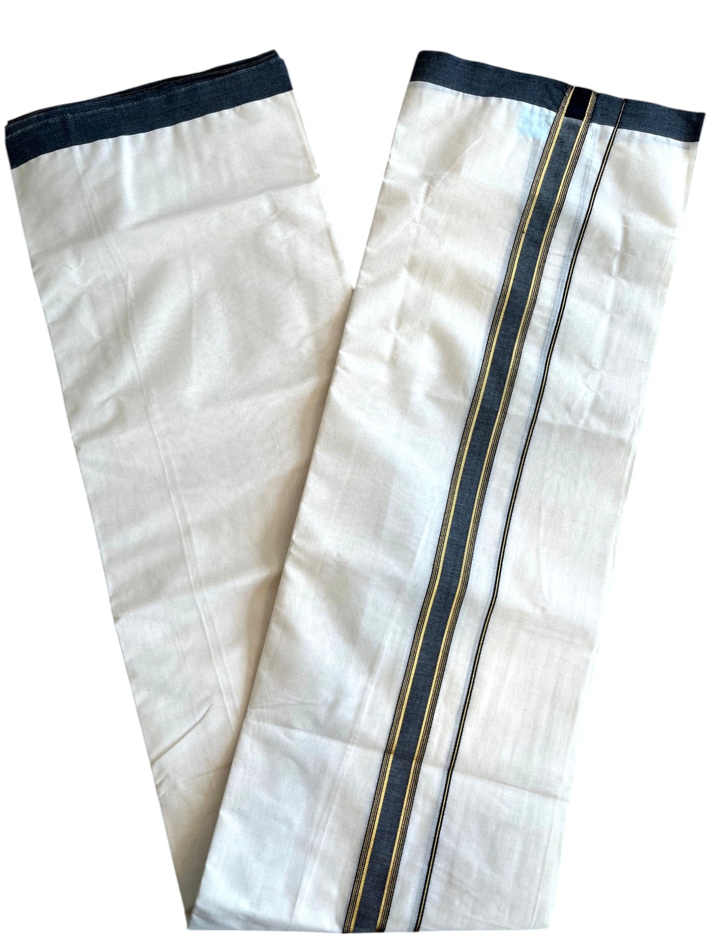 Southloom Pure Cotton Mundu with Golden Lines and Black Border (South Indian Kerala Dhoti)