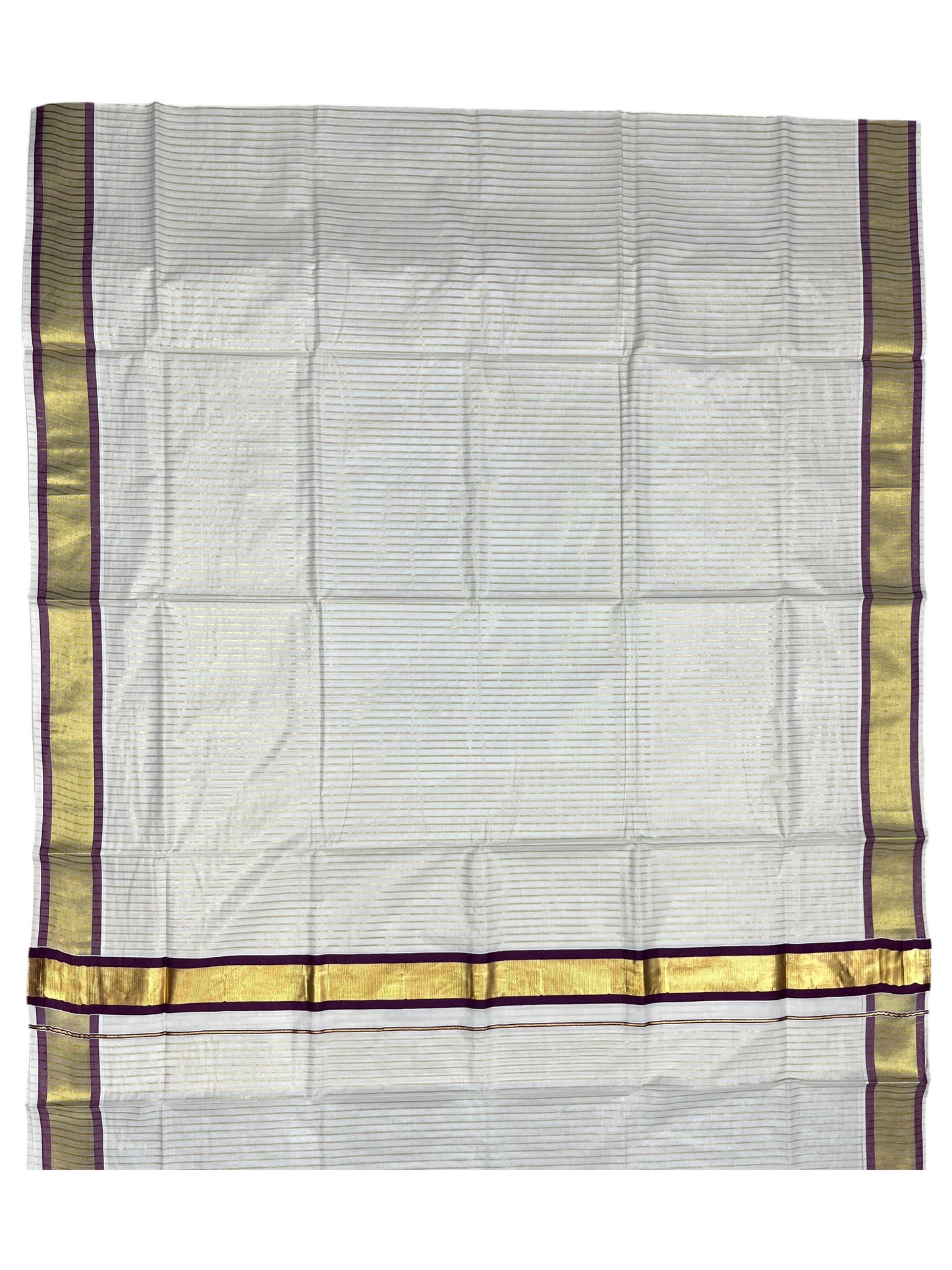 Southloom Pure Cotton Kerala Saree with Gold Kasavu Lines Across Body and purple Border