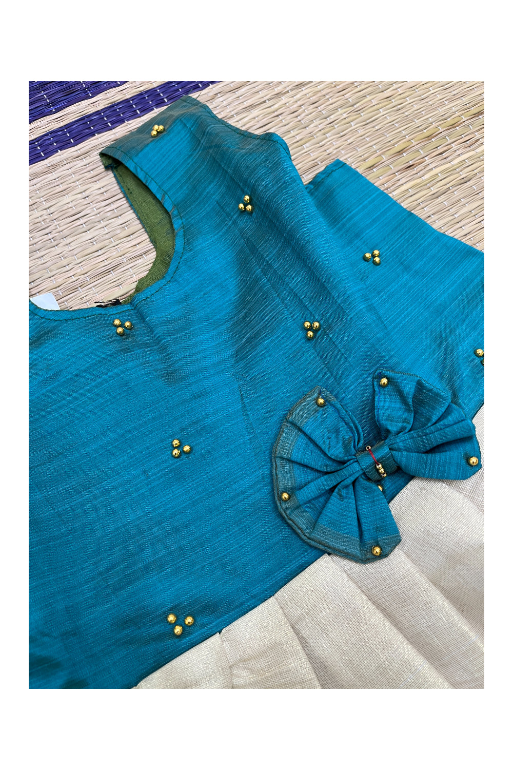 Southloom Kerala Tissue Frock with Green Bead Work Designs for Kids (5 Years)