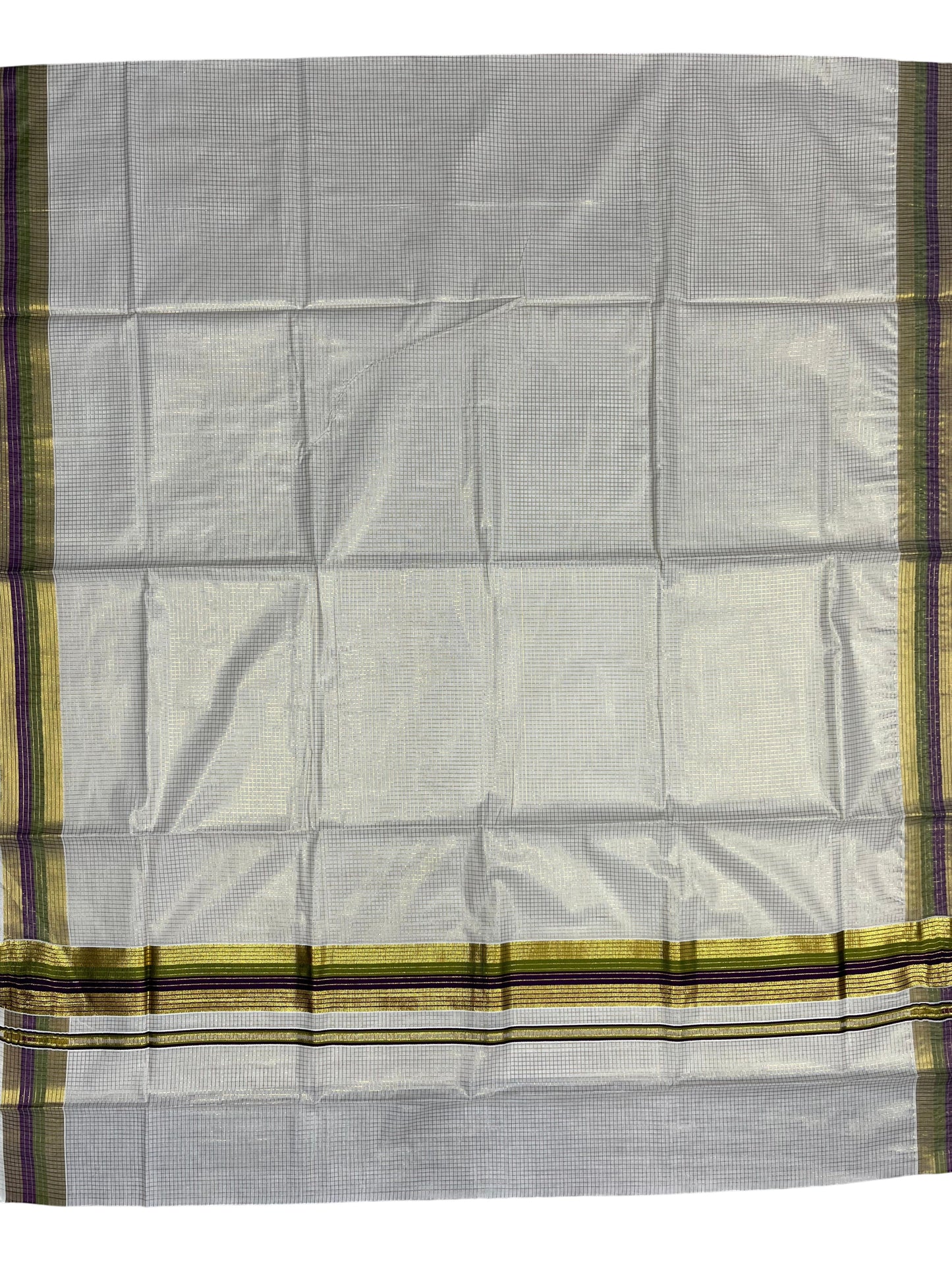 Southloom Kerala Cotton Kasavu Saree with Micro Check Design on Body in Purple & Olive Green Border