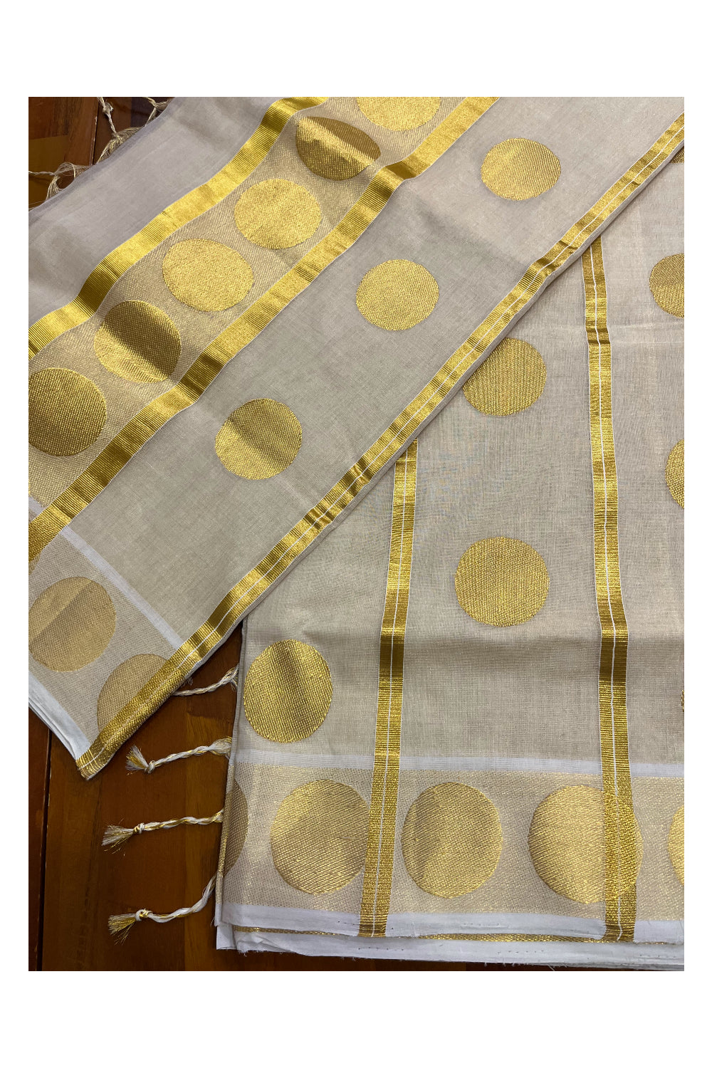 Southloom Premium Handloom Tissue Kasavu Saree Polka Woven Designs on Border