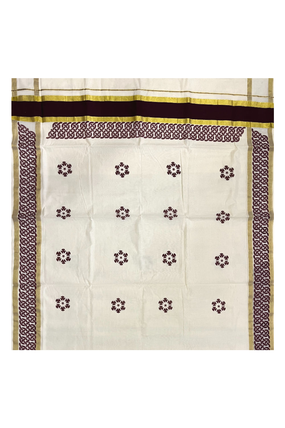 Pure Cotton Kerala Saree with Brown Block Printed Kasavu Border