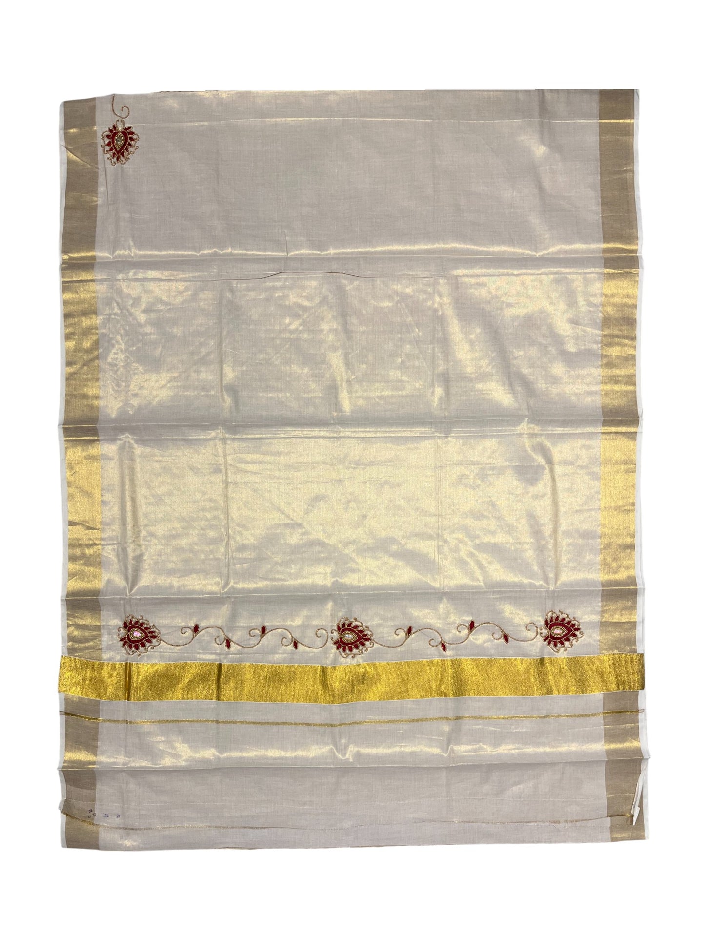 Kerala Tissue Kasavu Saree with Floral Embroidery and Sequins Work on Body