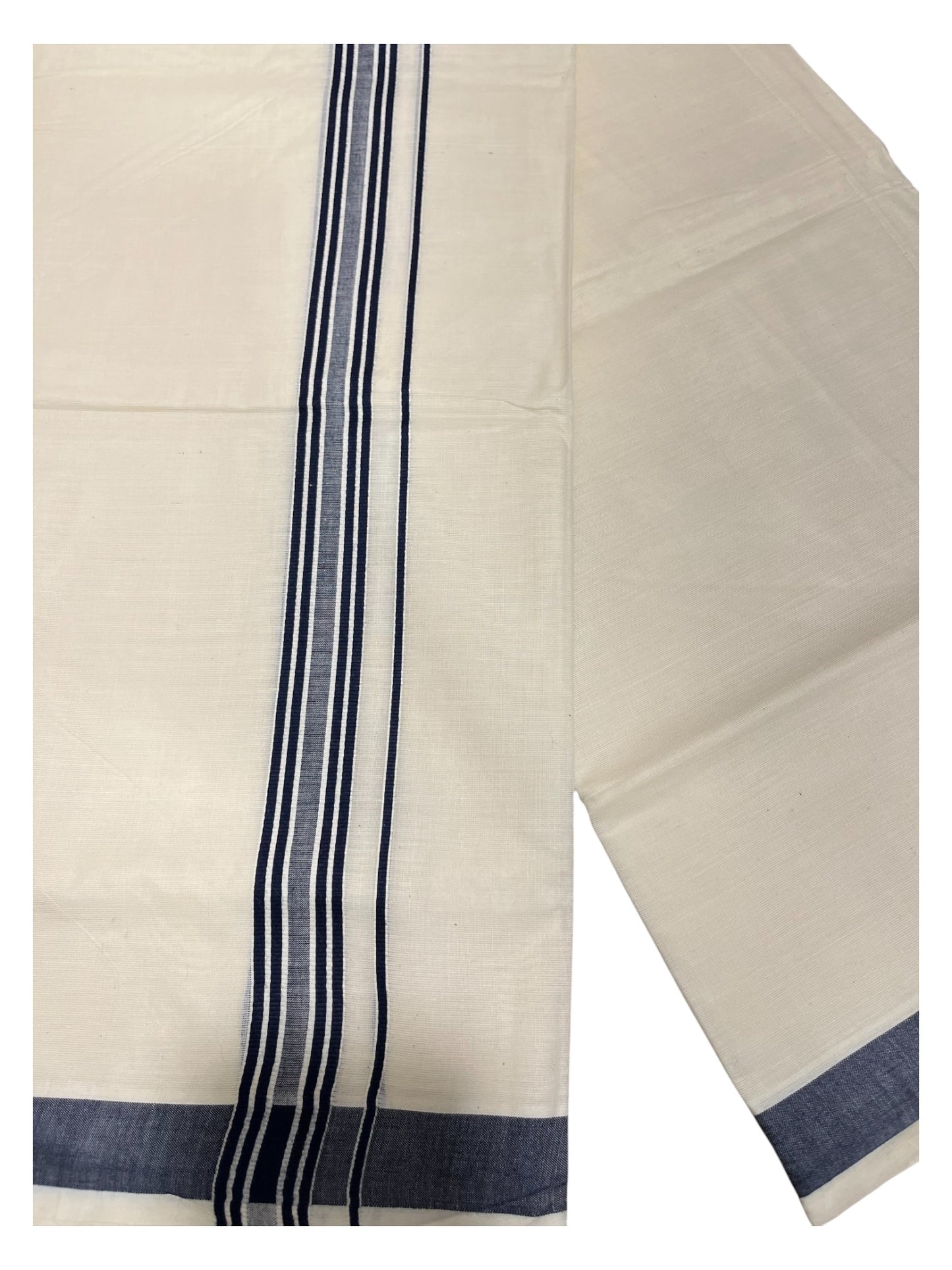 Southloom Pure Cotton Double Mundu With White Lines & Blue Border (South Indian Kerala Dhoti)