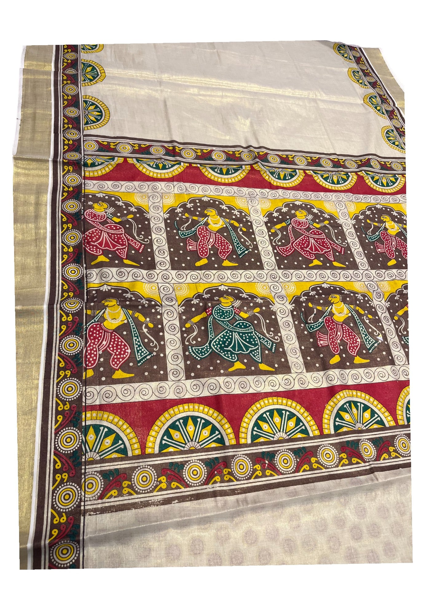 Southloom Kerala Tissue Kasavu Saree with Brown and Red Hand Printed Design