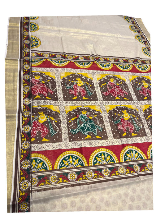 Southloom Kerala Tissue Kasavu Saree with Brown and Red Hand Printed Design