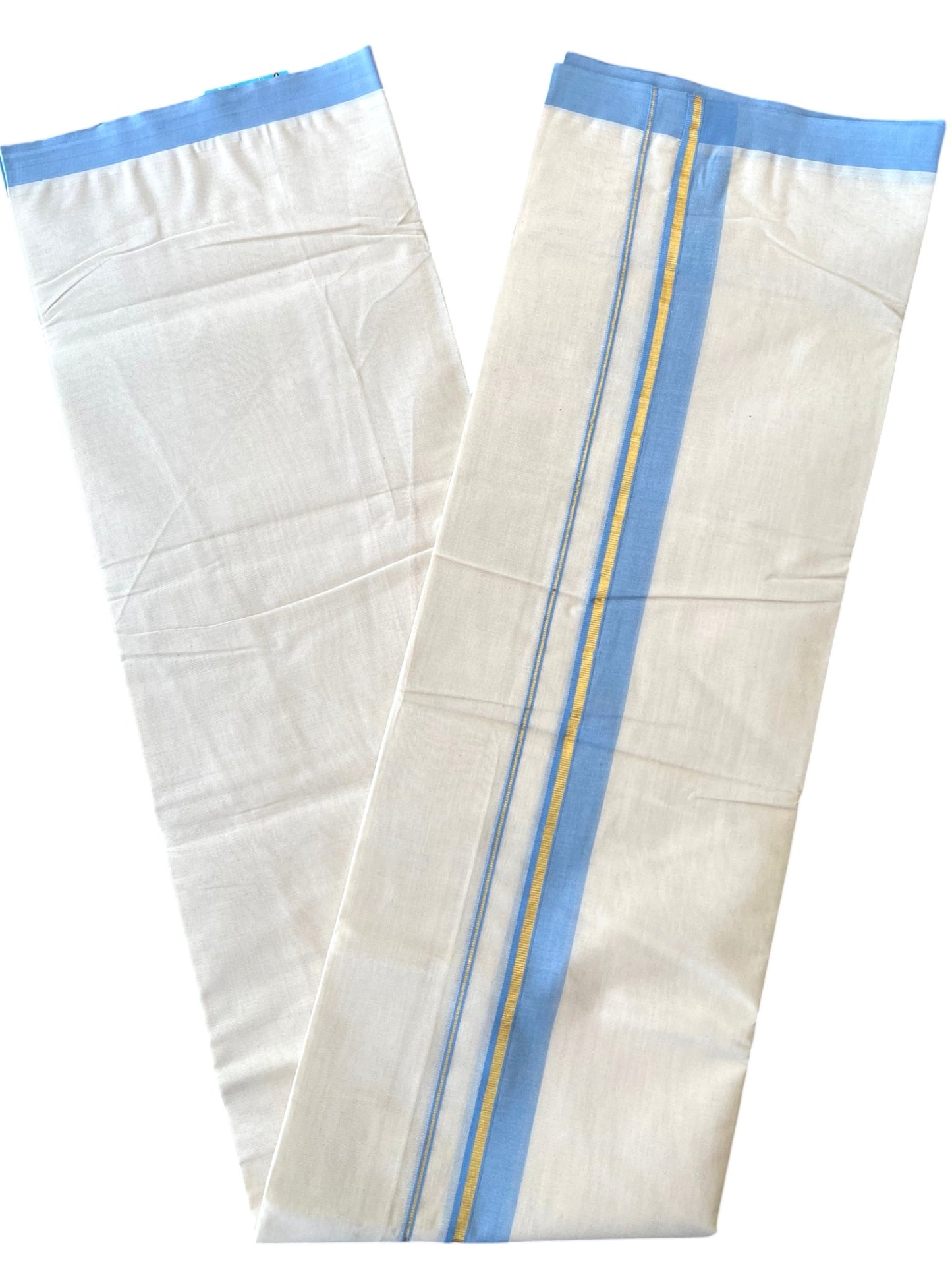 Southloom Pure Cotton Mundu with Golden Lines and Blue Border (South Indian Kerala Dhoti)