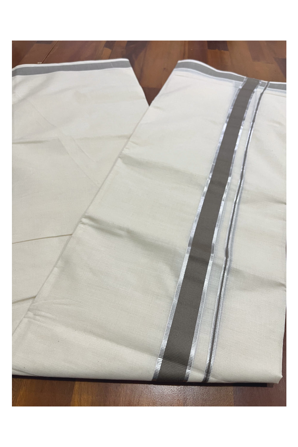 Pure Cotton Double Mundu with Silver Kasavu and Grey Kara (South Indian Kerala Dhoti)