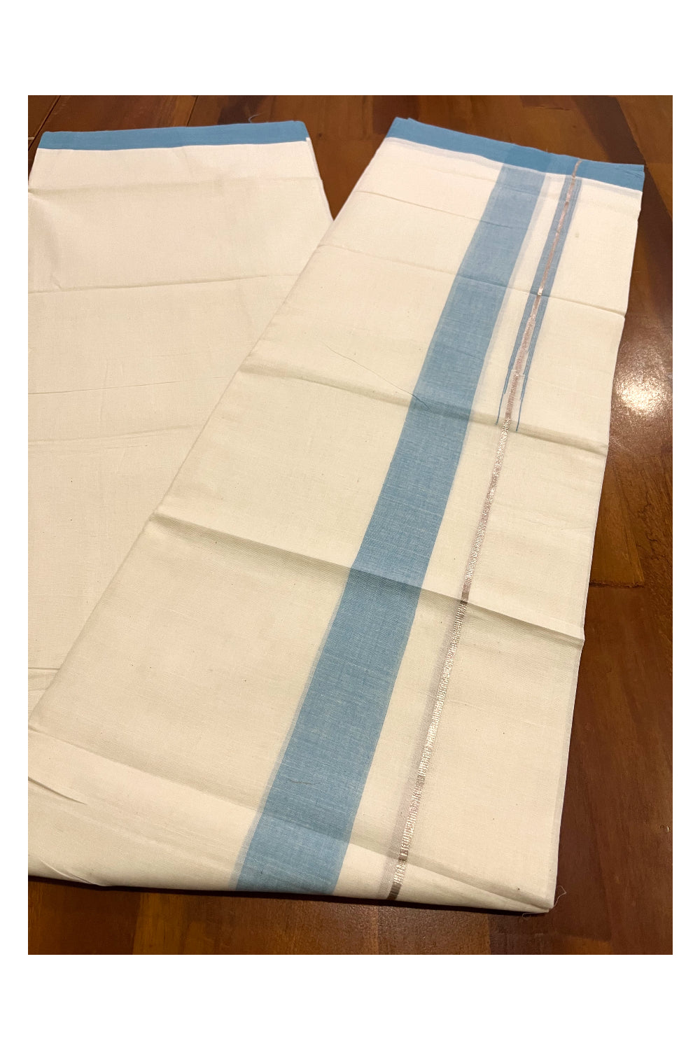 Pure Cotton Kerala Double Mundu with Light Blue and Kasavu Line Chutti Border (South Indian Kerala Dhoti)