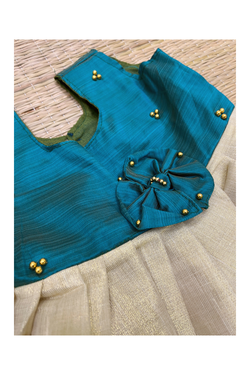 Southloom Kerala Tissue Frock with Green Bead Work Designs for Kids (1 Year)