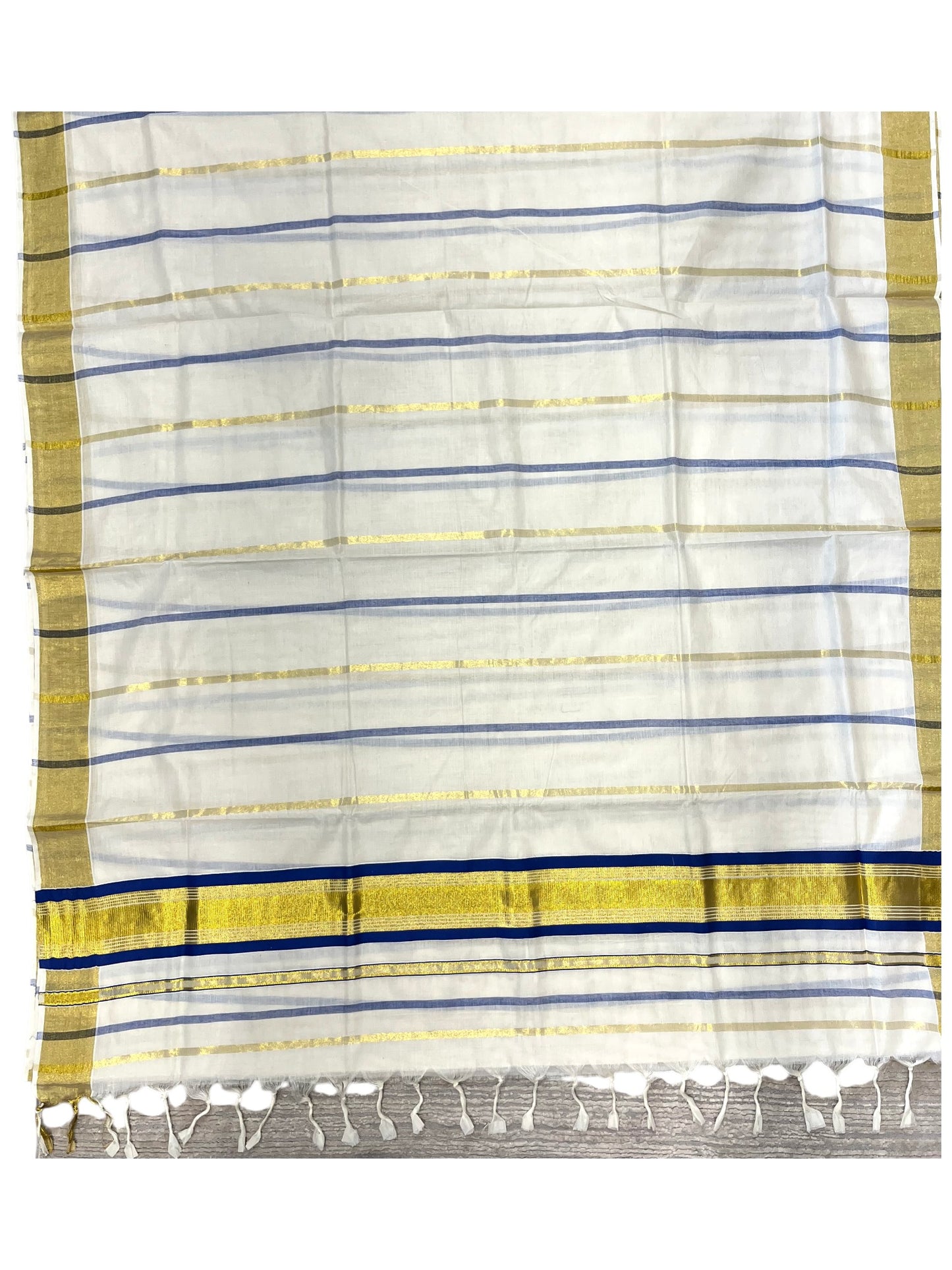 Southloom Kerala Cotton Kasavu Saree with Gold And Blue Lines on Body
