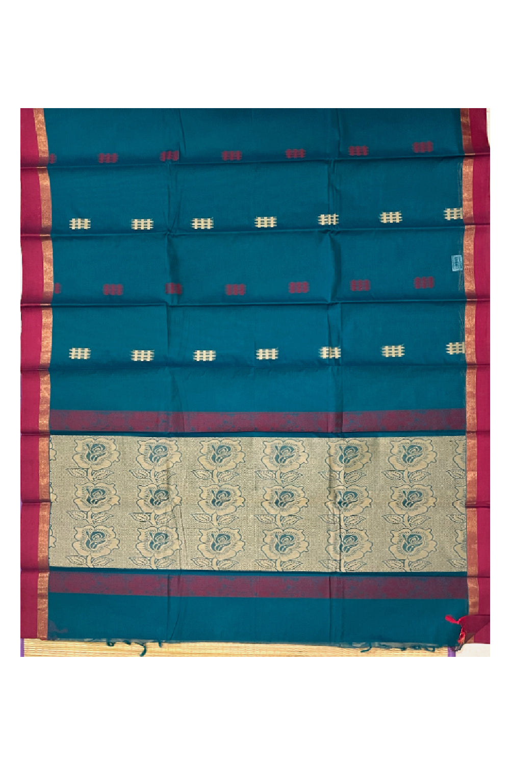 Southloom Cotton Teal Blue Saree with Woven Butta Works on Body and Pallu