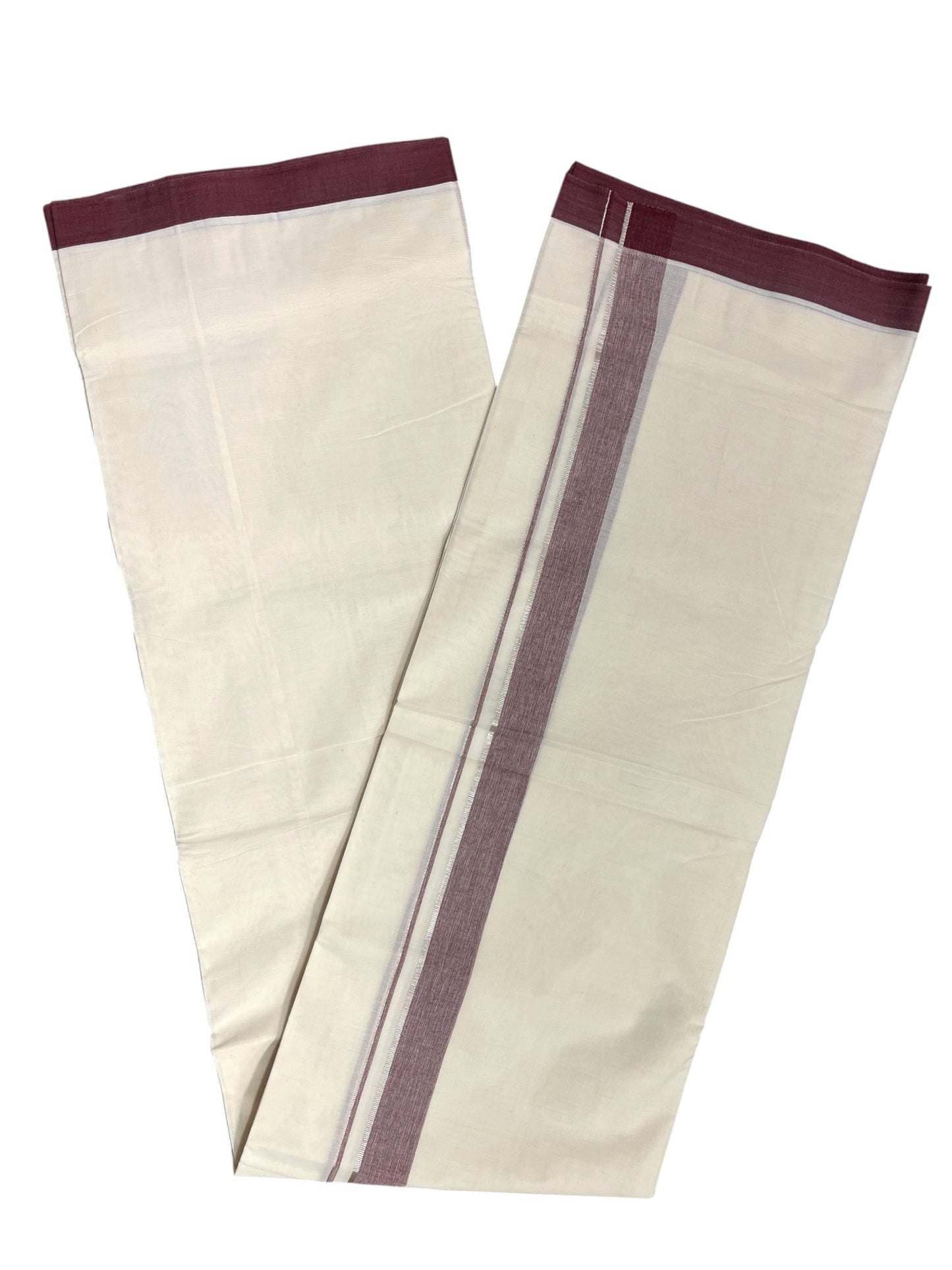 Southloom Kerala Pure Cotton Double Mundu with Silver Lines & Maroon Border (South Indian Dhoti)