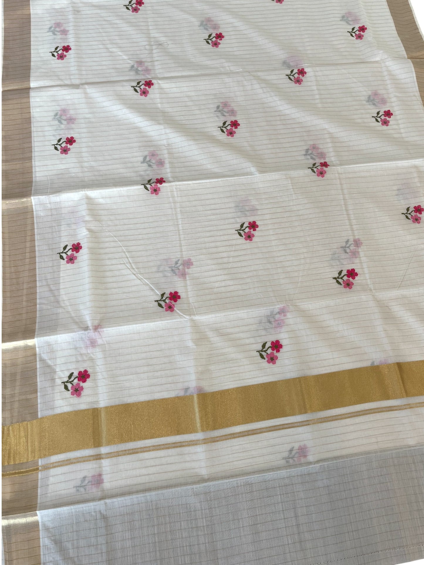 Southloom Kerala Cotton Kasavu Stripes Saree with Pink Floral Embroidery Work