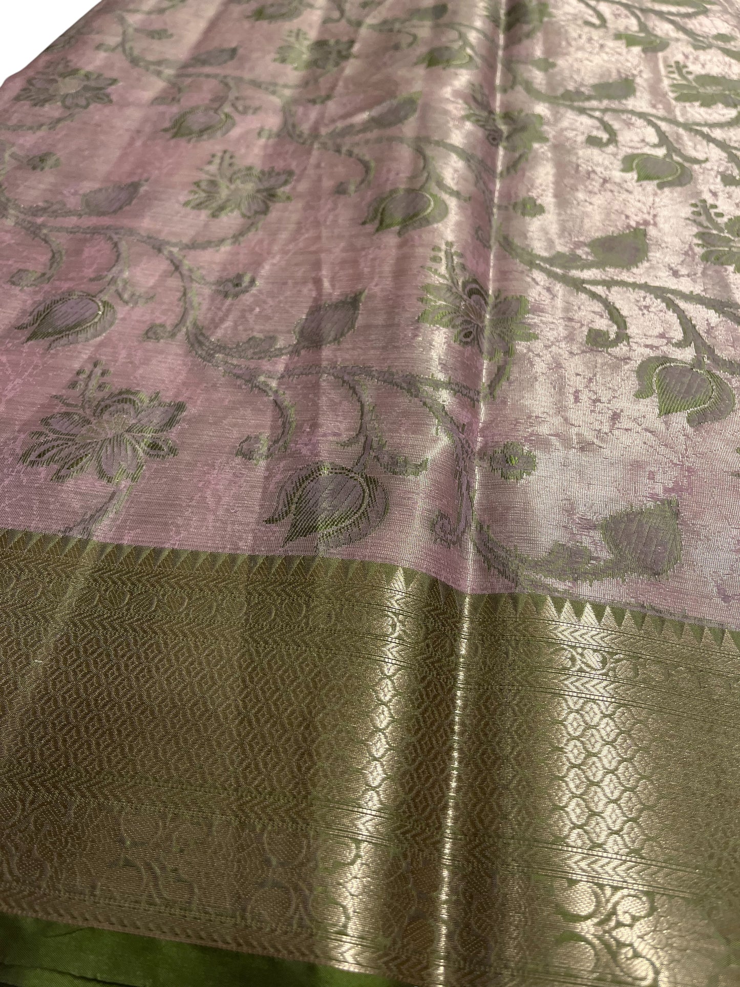 Southloom Tissue Silk Saree with Woven Work on Body and Borders (Pink & Green)