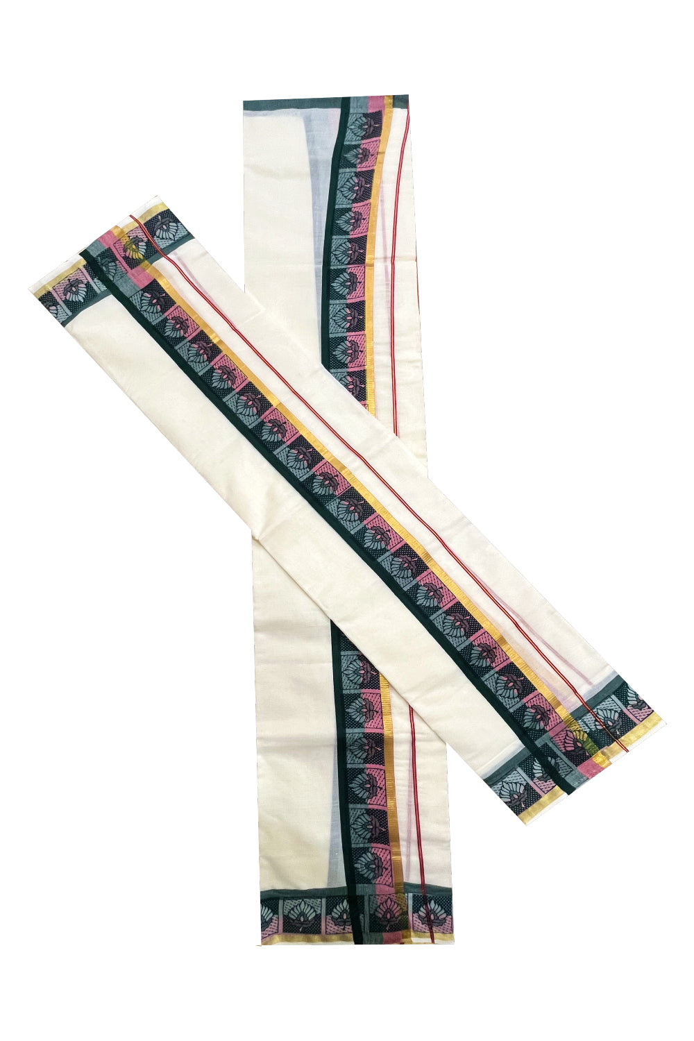 Kerala Cotton Kasavu Single Set Mundu (Mundum Neriyathum) with Pink and Green Kara and Block prints