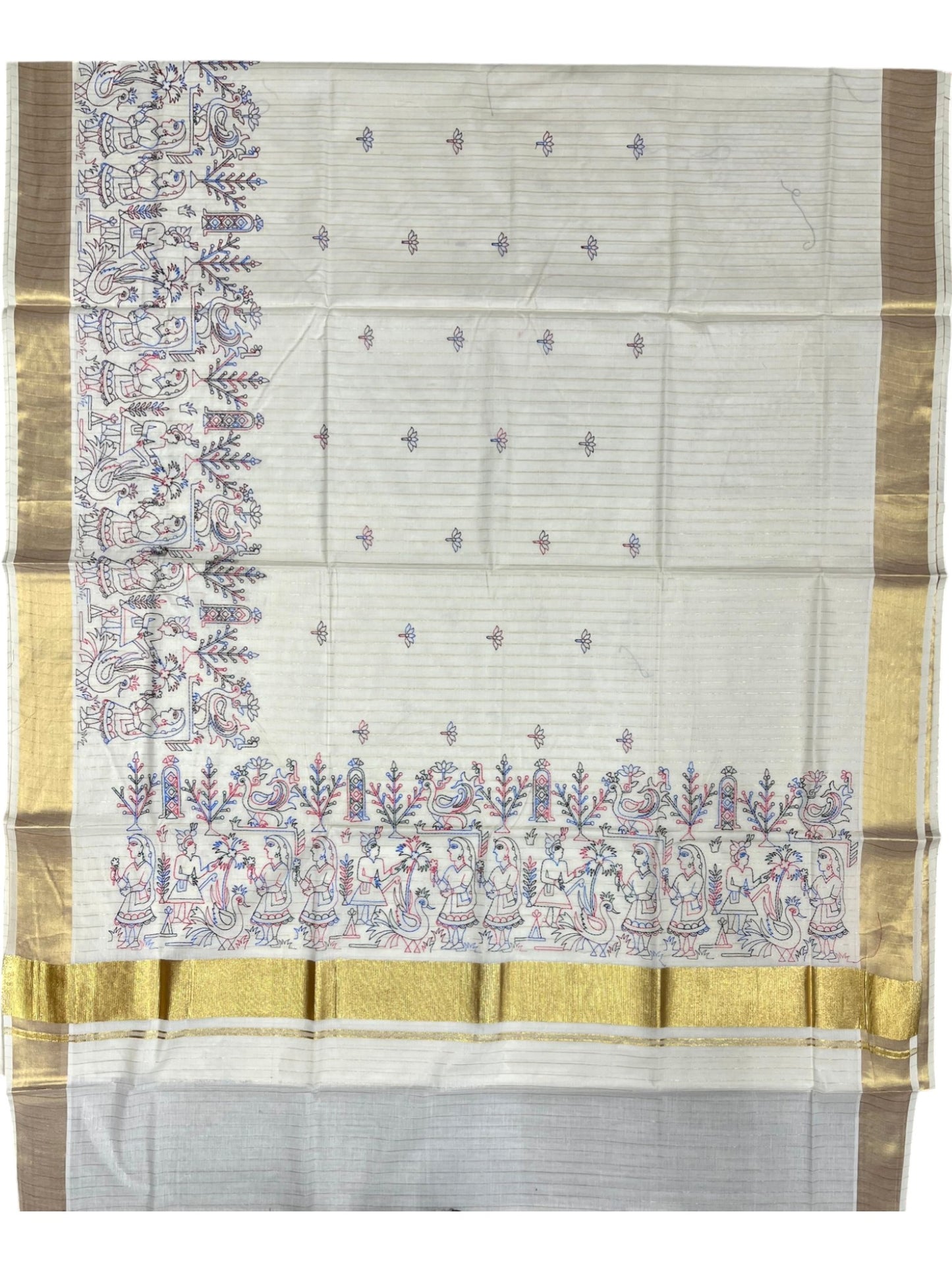 Southloom Cotton Kerala Kasavu Lines Saree with Kantha Embroidery Work on Body SL322