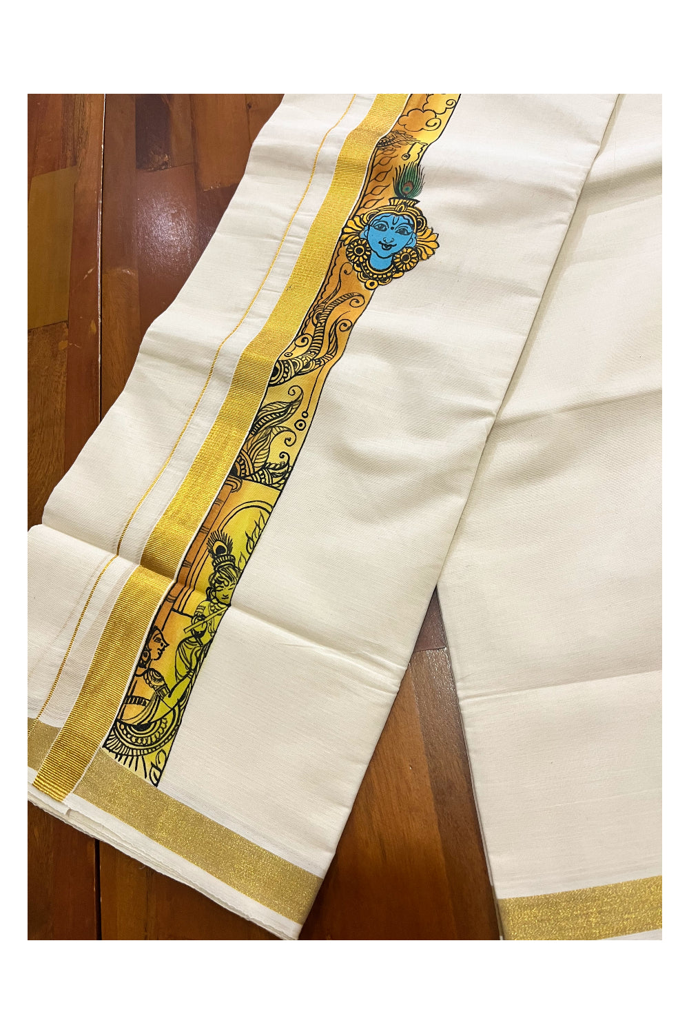 Pure Cotton Kerala Double Mundu with Krishna Hand Painted Designs on Kasavu Border (Vishu Collection 2024)