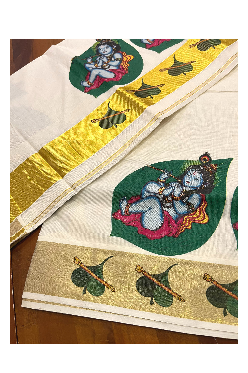 Pure Cotton Kerala Kasavu Saree with Baby Krishna Mural Printed Design