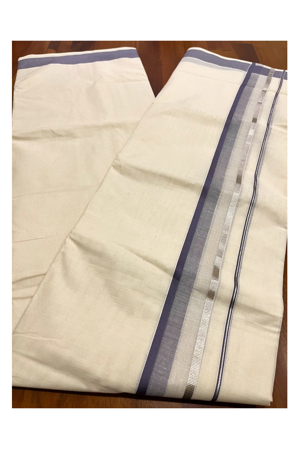 Kerala Pure Cotton Double Mundu with Grey and Silver Kasavu Border (South Indian Kerala Dhoti)