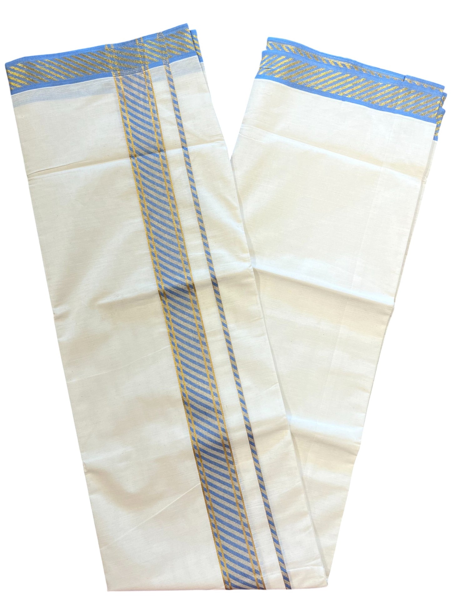Southloom Off White Cotton Single Mundu with Ksavu and Kara Blue Border (South Indian Dhoti)