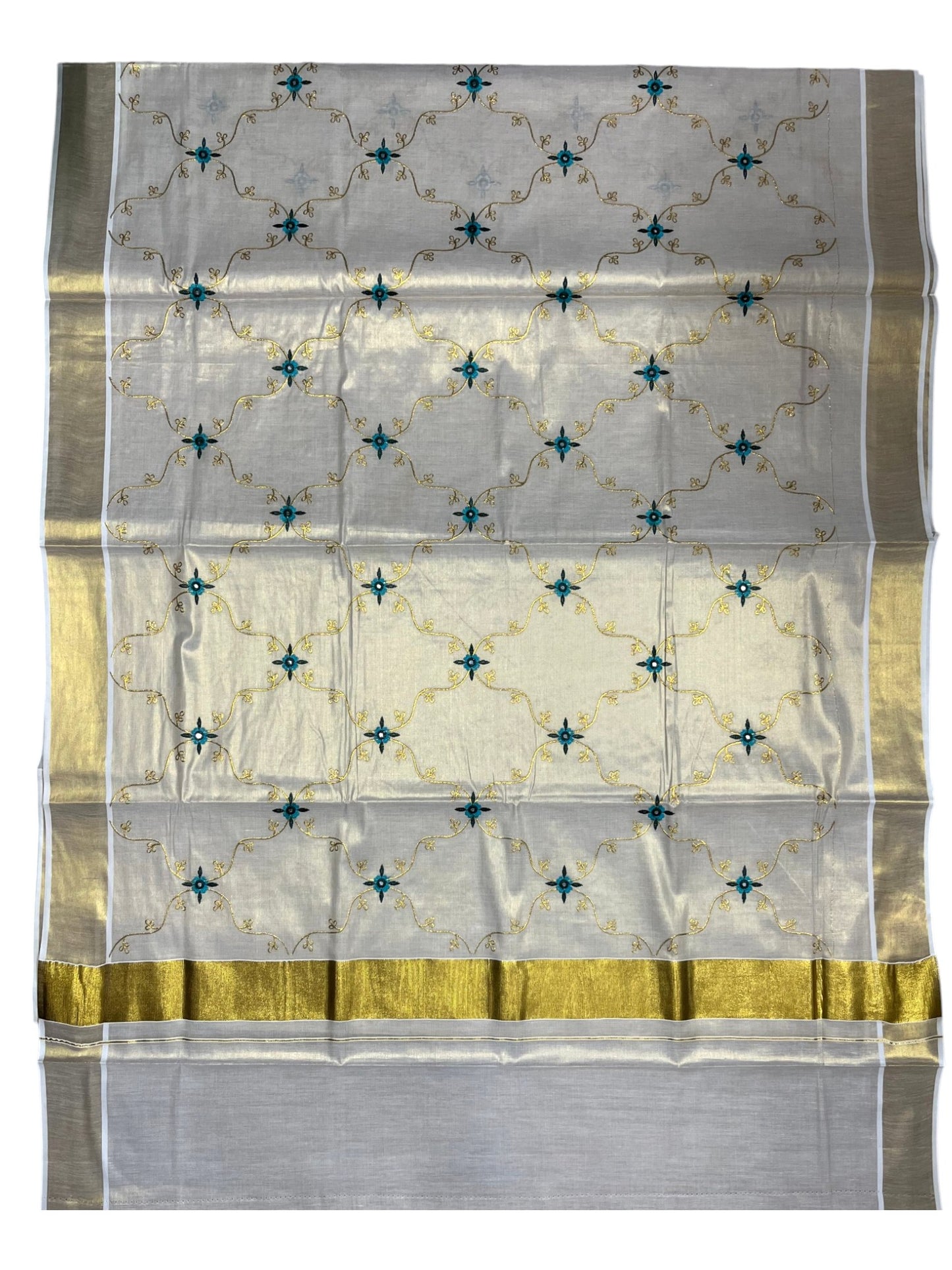Southloom Tissue Kerala Kasavu Plain Saree with  Embroidery Designs on Body