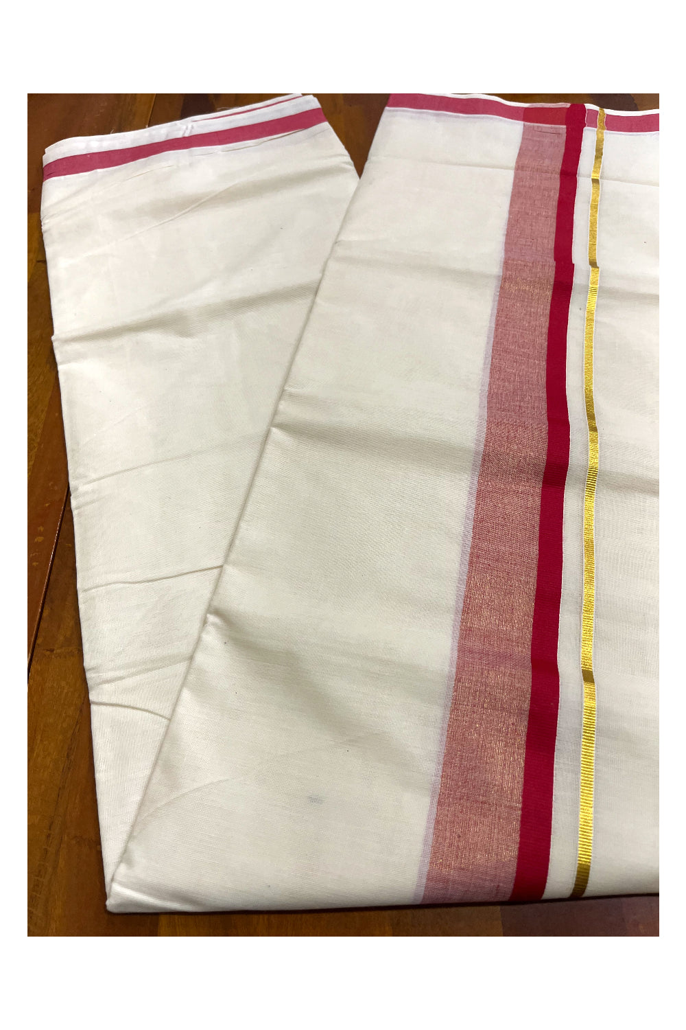 Kerala Pure Cotton Double Mundu with Red and Kasavu Border (South Indian Kerala Dhoti)