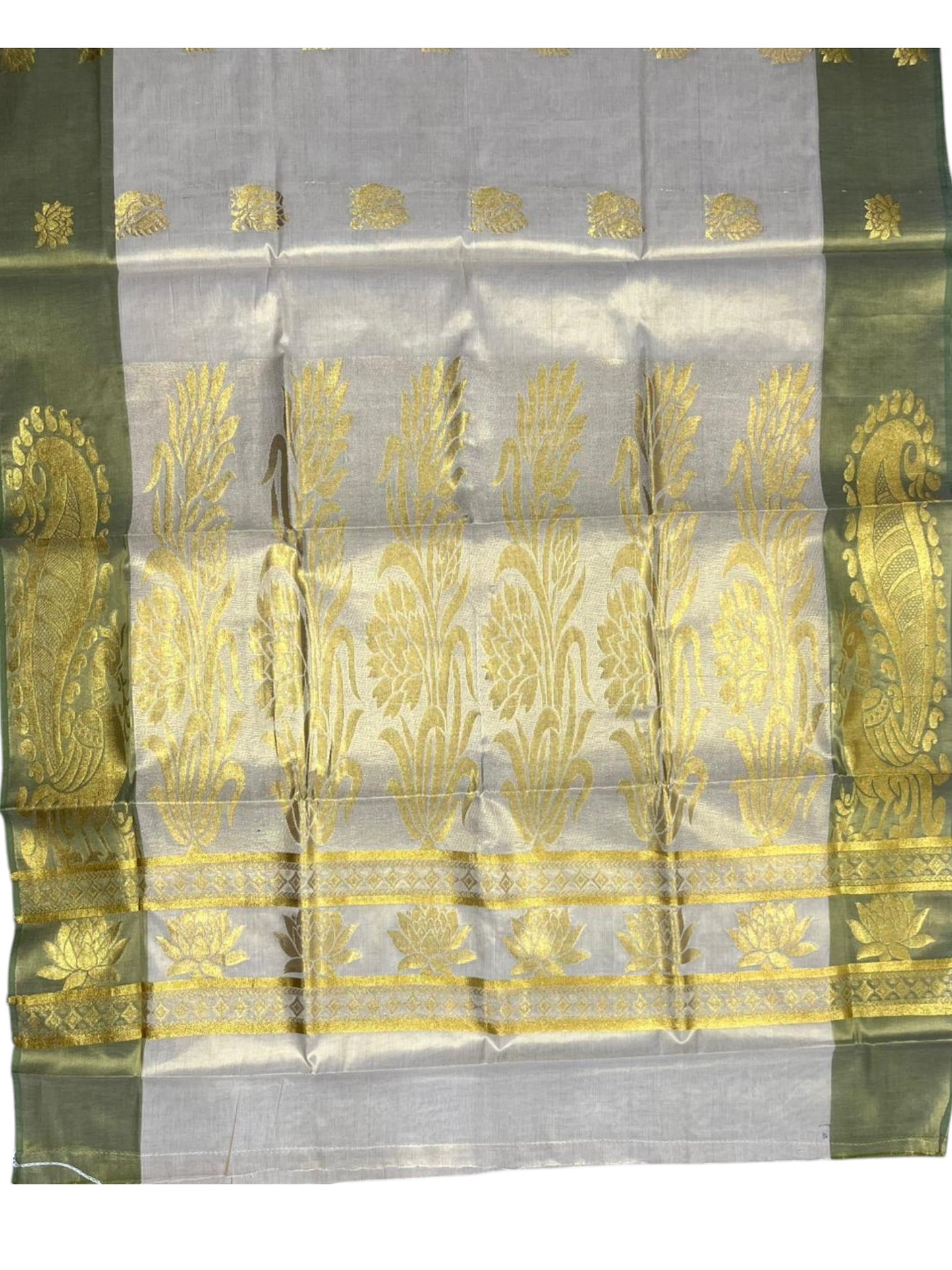 Southloom  Kerala Tissue Kasavu Heavy Work Saree with Peacock Design And Olive Green Border SL483