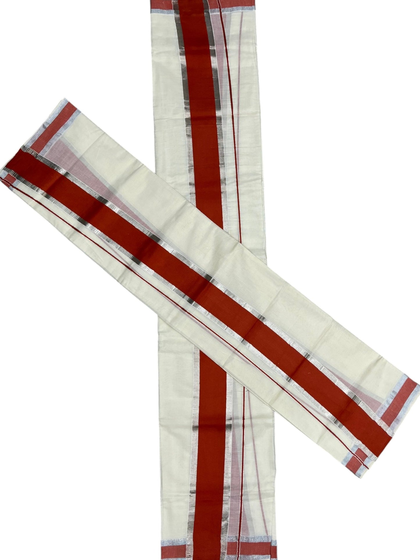 Kerala Cotton Mundum Neriyathum Single (Set Mundu) with Dark Orange and Silver Kasavu Border 2.80 Mtrs  SLKK SL470