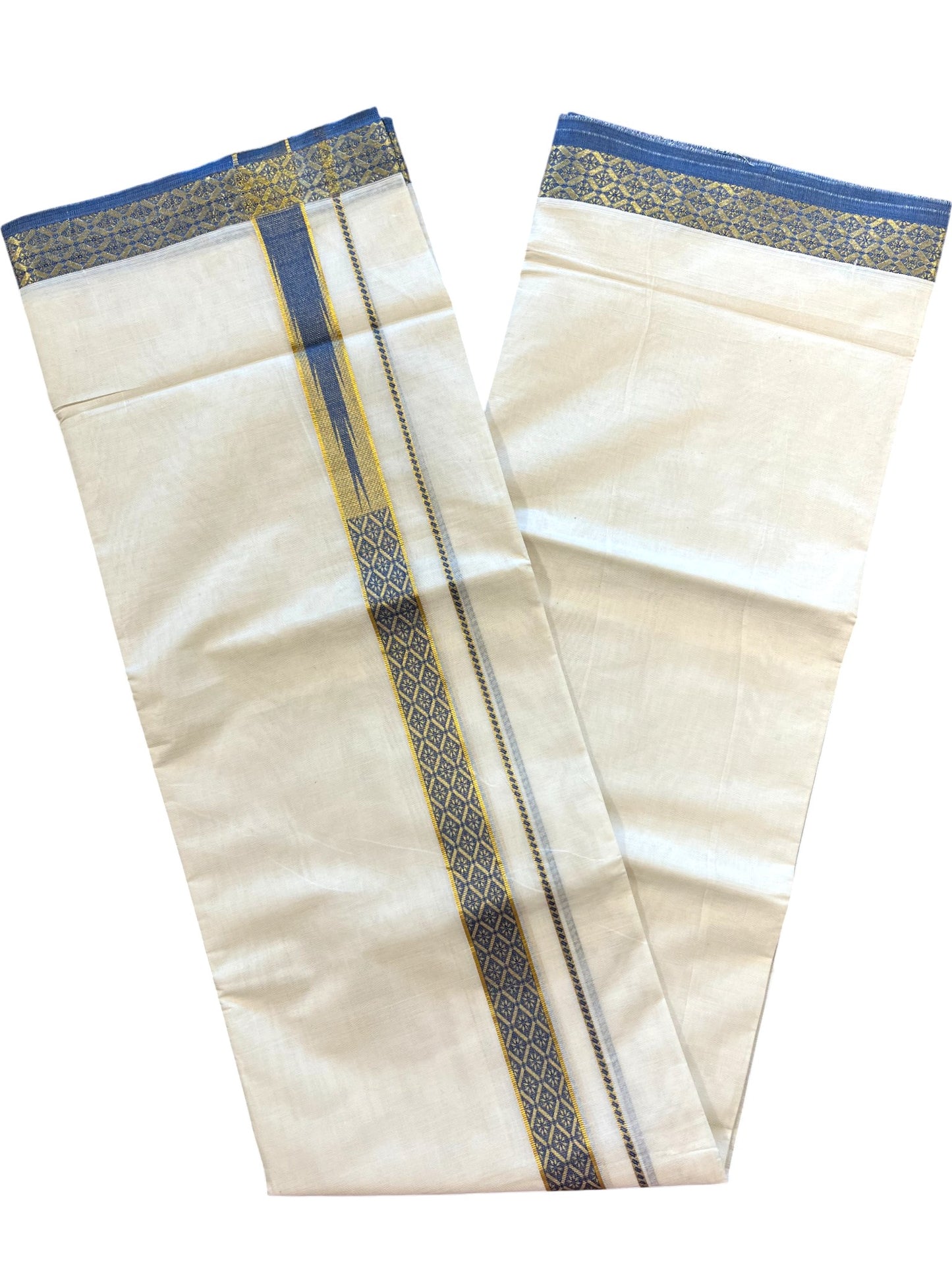 Southloom Kerala Pure Cotton Double Mundu with Kasavu Kara and Blue Border (South Indian Dhoti)