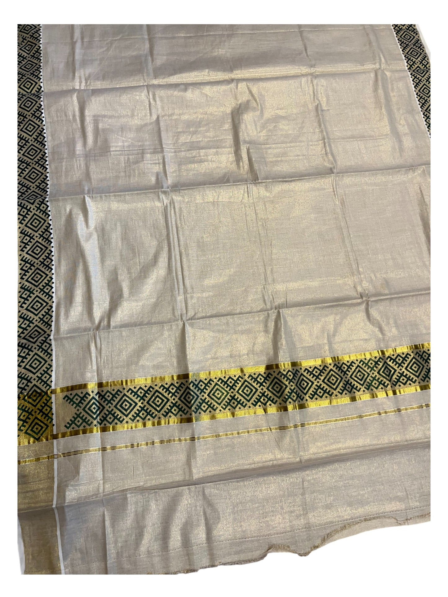 Southloom Kerala Tissue Kasavu Plain Saree Green Hand Printed