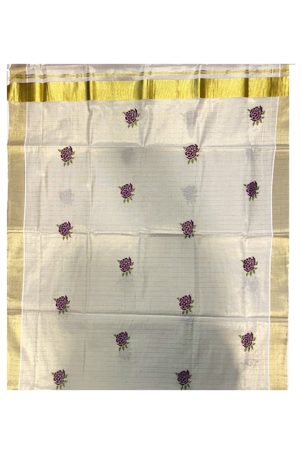 Southloom Kerala Tissue Kasavu Lines Saree with Violet Floral Embroidery Works