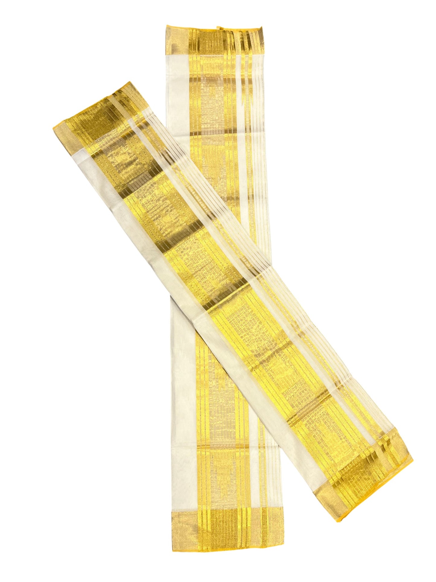 Southloom Handloom Premium Cotton Set Mundu With Kasavu Lines Temple Woven Patterns On Border (Mundum Neriyathum) 2.80 Mtrs