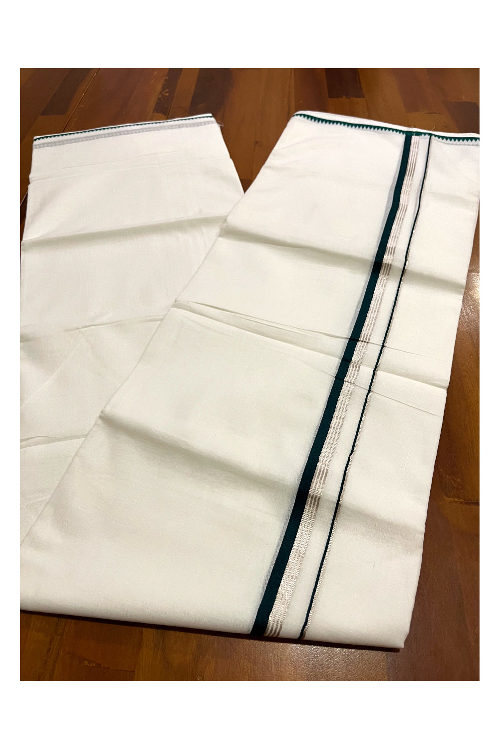 Pure White Cotton Double Mundu with Silver Kasavu and Dark Green Border (South Indian Kerala Dhoti)