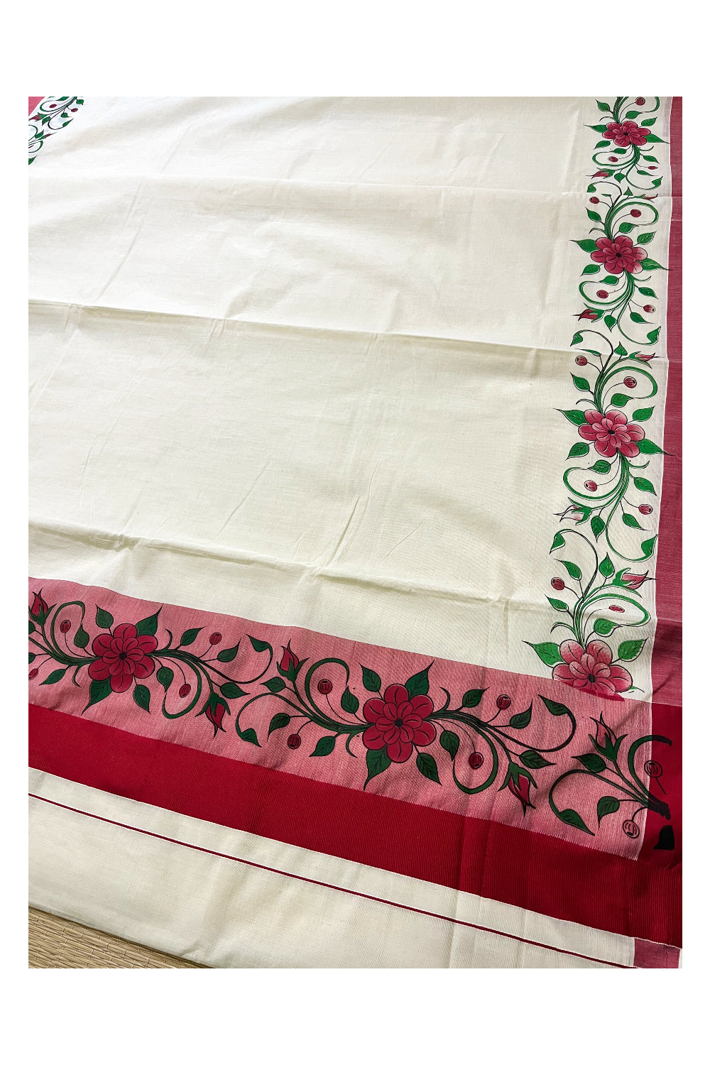 Pure Cotton Kerala Saree with Floral Block Printed Maroon Border