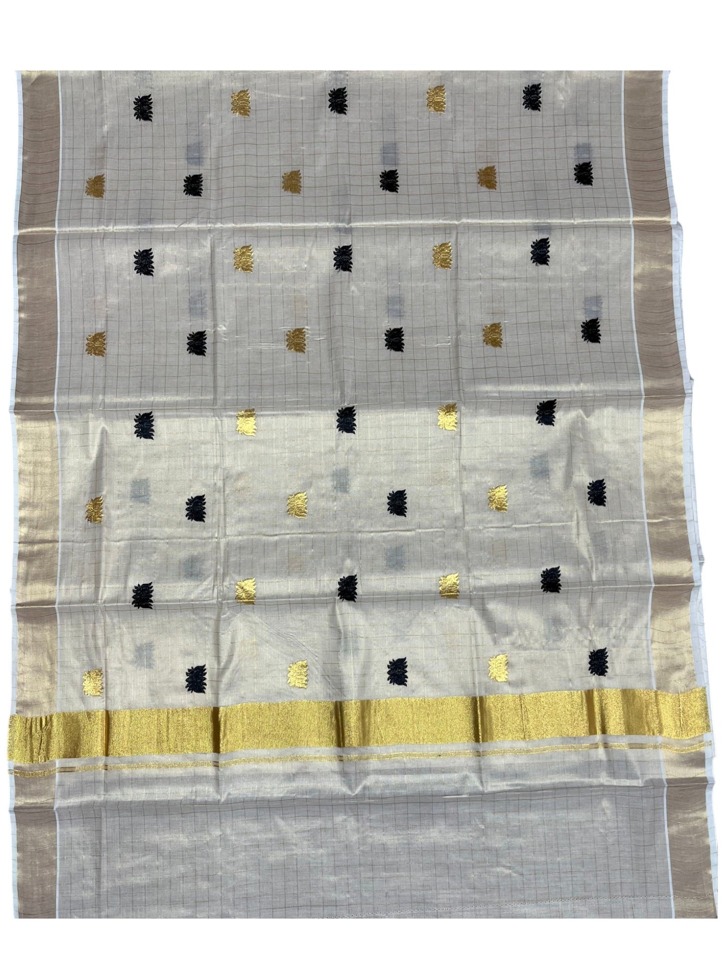 Southloom Kerala Tissue Kasavu Check Saree with Black Lotus Embroidery Works