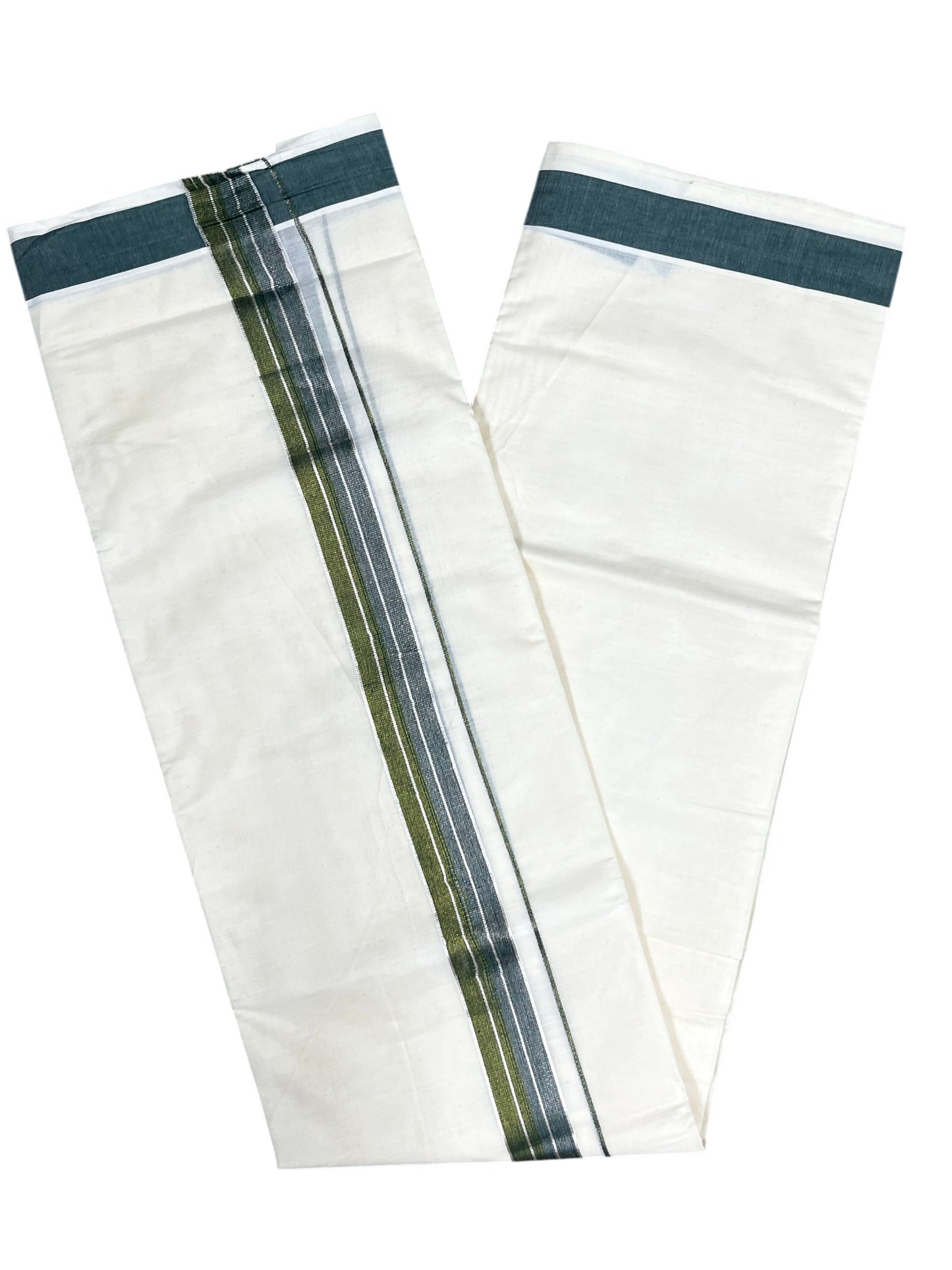 Southloom Pure Cotton Mundu with Silver Lines and Black&Green Border (South Indian Kerala Dhoti)