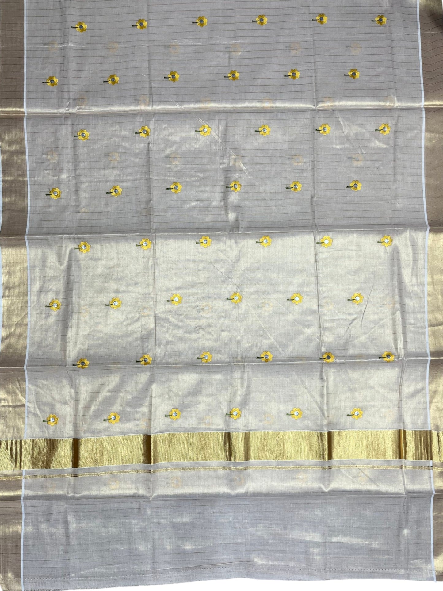 Southloom Kerala Tissue Kasavu Lines Saree with Yellow Floral Embroidery Work on Body