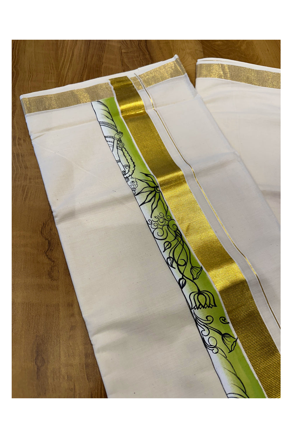 Kerala Pure Cotton Double Mundu with Mural Painted Design on Kasavu Border (South Indian Kerala Dhoti)